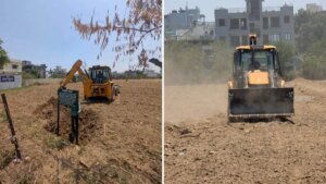 अजबपुर कला में आठ बीघा में की जा रही अवैध प्लॉटिंग पर चला एमडीडीए का बुलडोजर